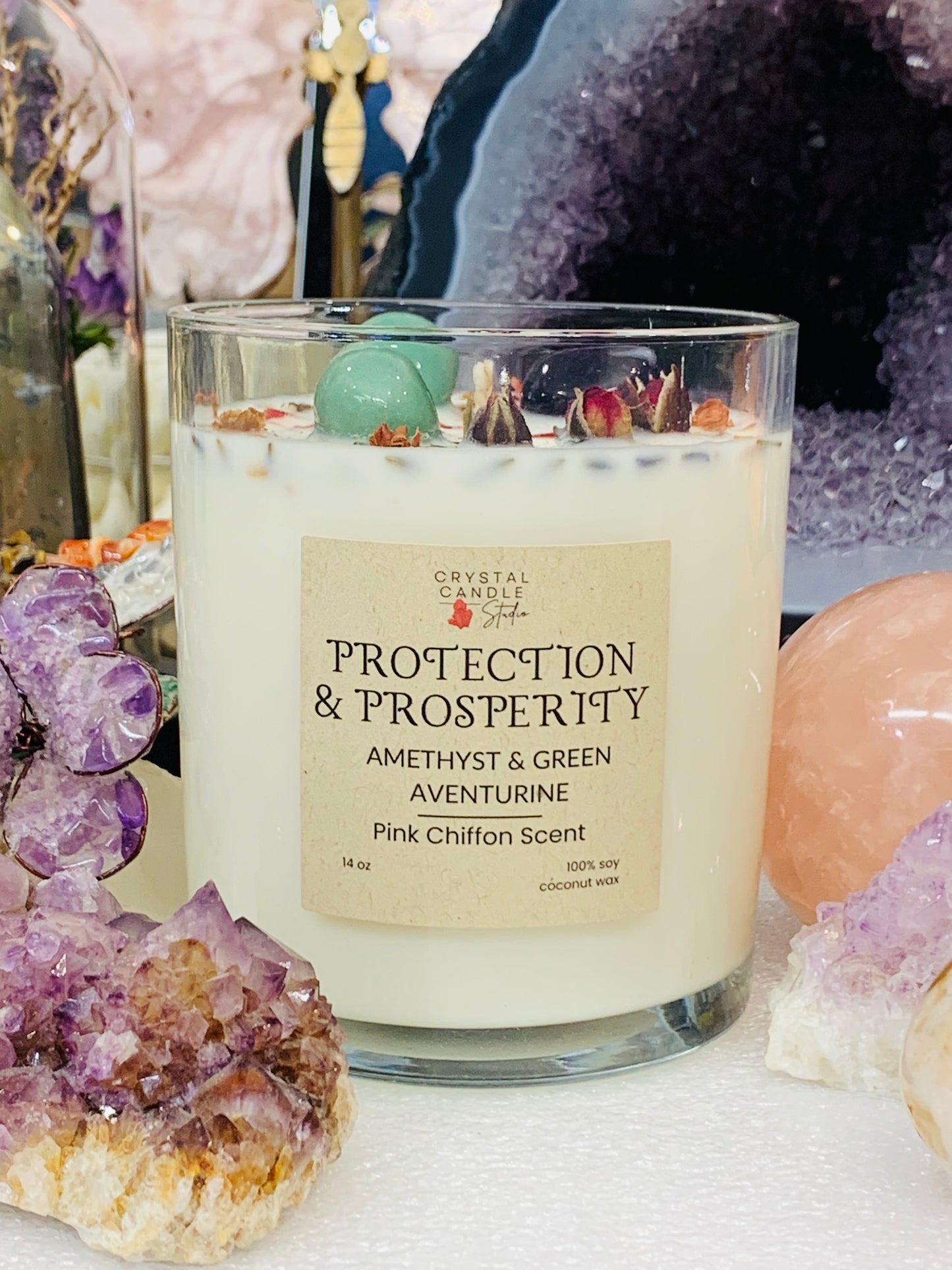 🛡️💰 Amethyst & Green Aventurine Candle – Protection & Prosperity