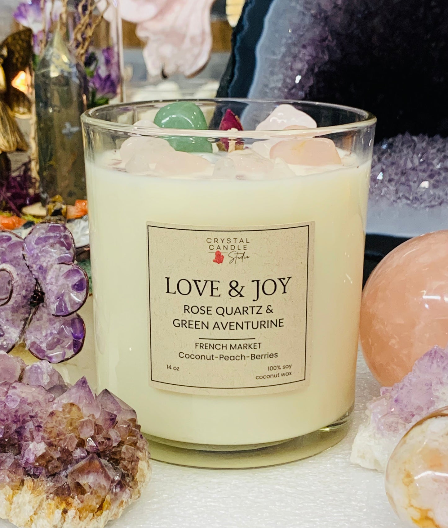 💗🌿 Rose Quartz & Green Aventurine Candle – Love & Joy