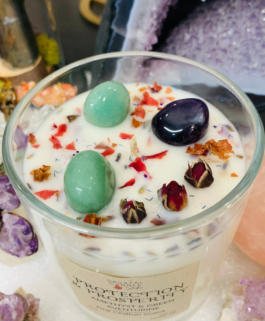 🛡️💰 Amethyst & Green Aventurine Candle – Protection & Prosperity