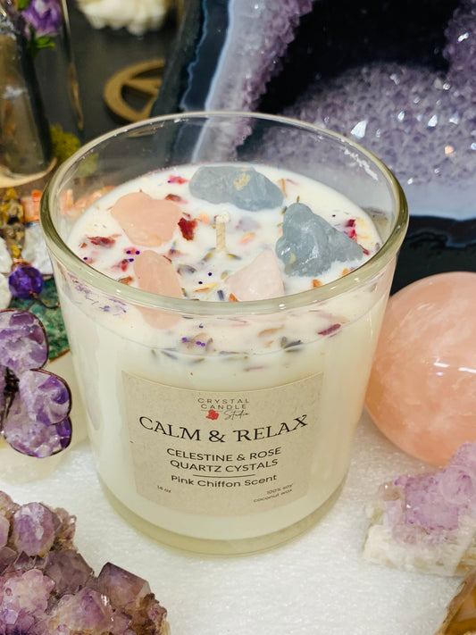 🕊️✨ Celestine & Rose Quartz Candle – Calm & Relax